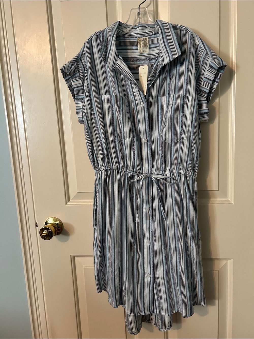 Japan Striped Blue Button-Front Drawstring Waist Dress - Small